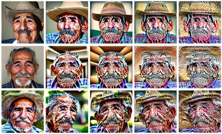 Distorted visual outputs generated by an artificial intelligence model trained on data synthesized by a preceding iteration of the same model. Credit: M. Boháček & H. Farid (2023)